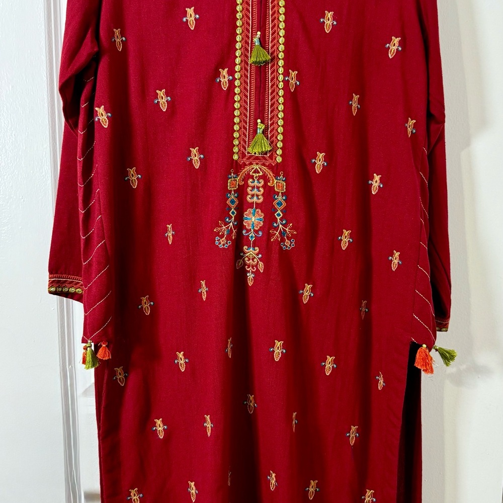 Embroidered Red Tunic with Tassels